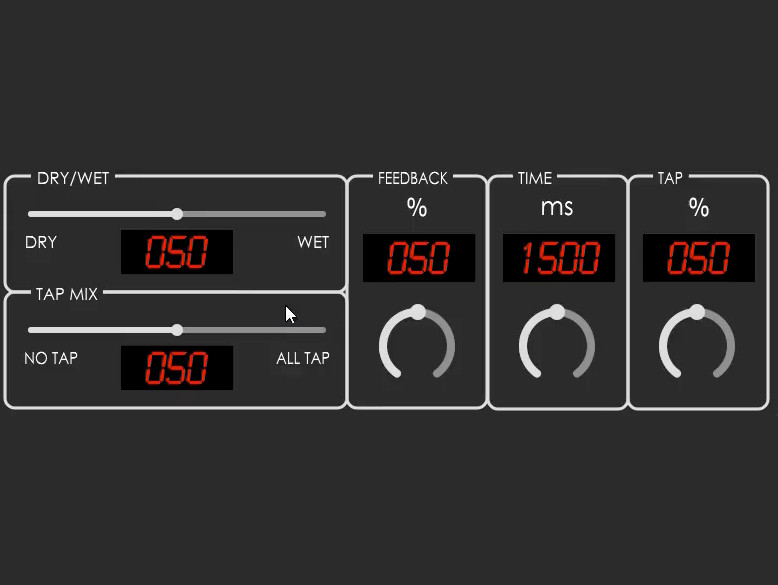 The following controls of the Tapa-Tapa-Tapa delay plugin: Dry/Wet, Tap Mix, Feedback %, Time and Tap %.