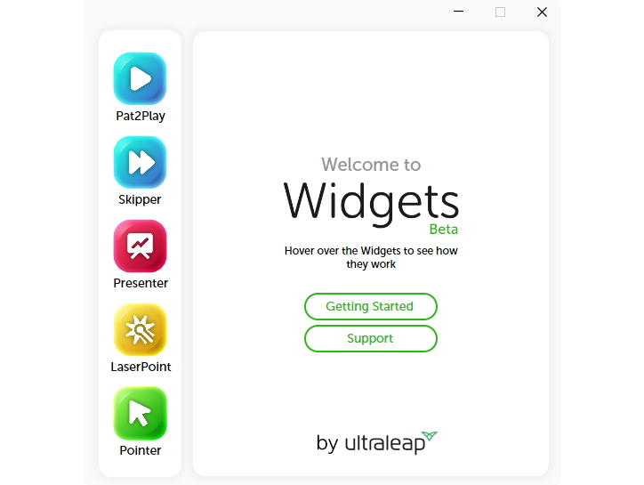 The launcher window for the Ultraleap Widgets application. A list of the available widgets on the left hand side and an introduction on the right with links to a getting started guide and support pages.